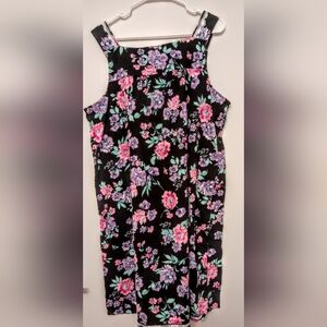 Floral Black Night Gown,Pink& Purple Blooms, Lace Accent, 2X, By Aria Collection